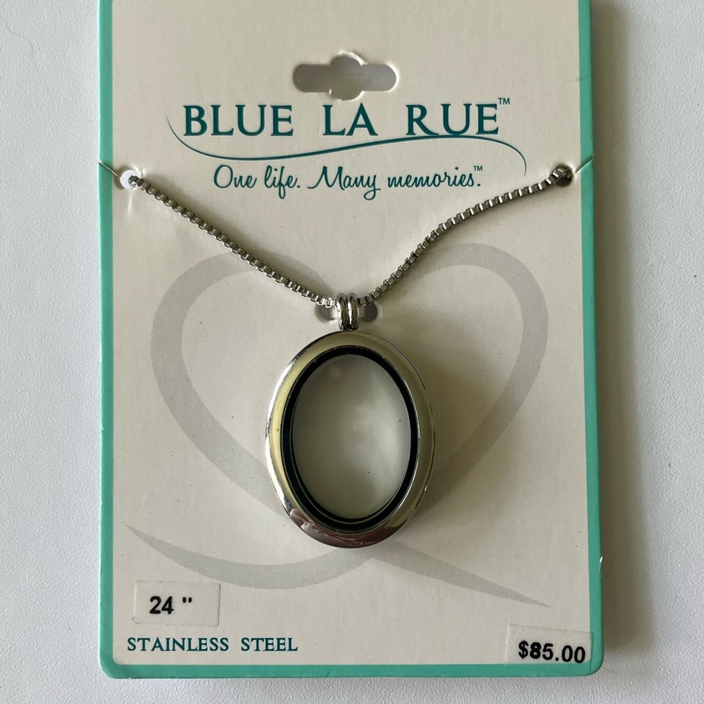New stainless steel Blue La Rue oval locket necklace
